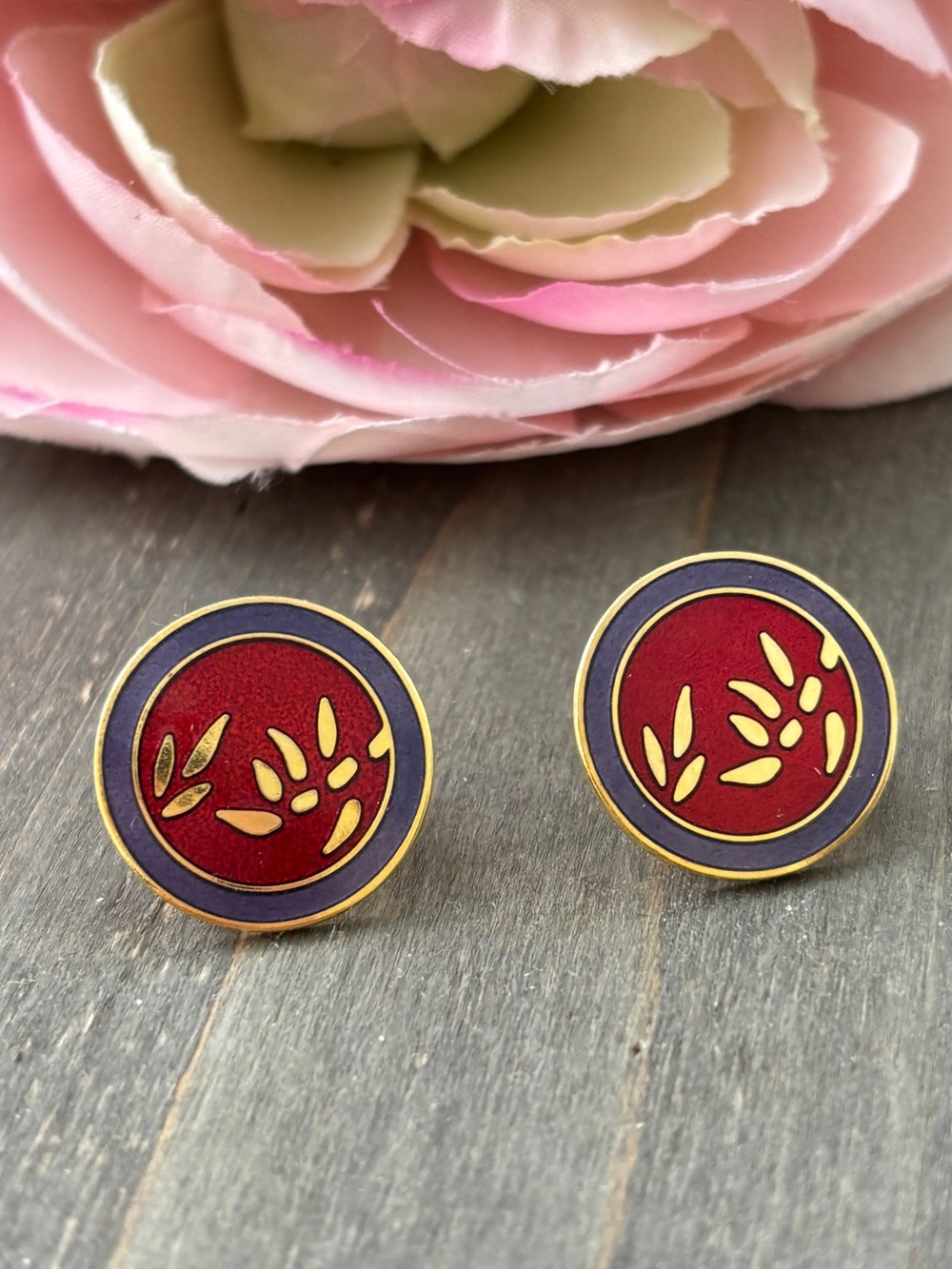 Laurel Burch Signed Bamboo Gold Plated Purple and Red Earrings